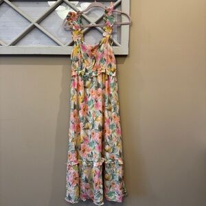 By The River Womens Floral Print Tiered Ruffle Maxi Dress Size L Yellow Pink GRE